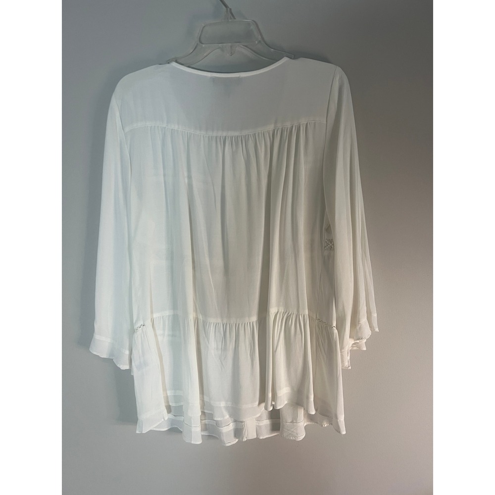 Melissa Paige White Tiered Crochet Lace Trim Button Down Blouse Top Medium